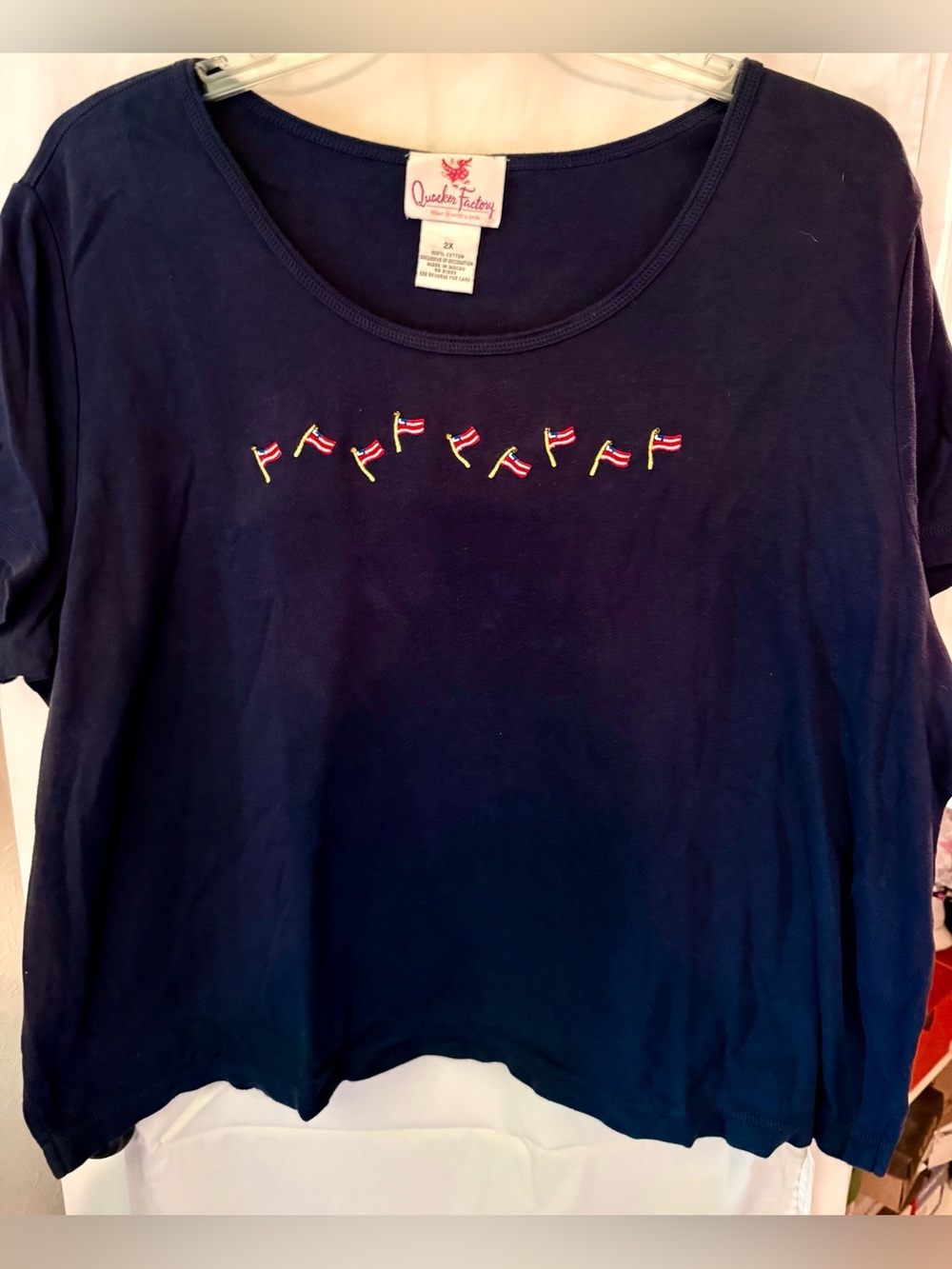 Quaker Factory Navy Tee with Embroidered Flags & gray tshirt